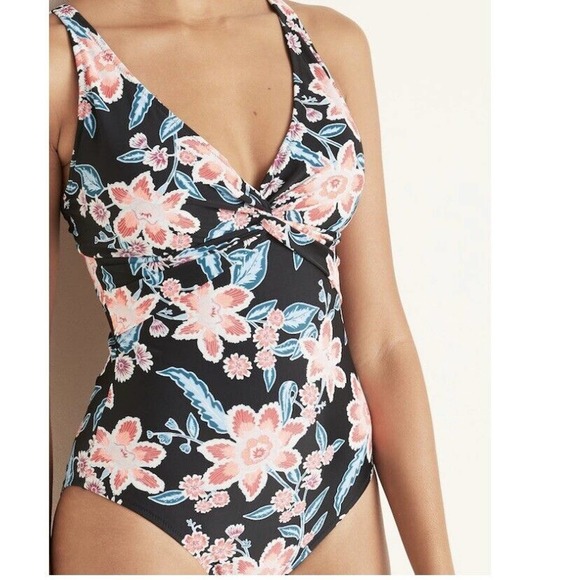 NEW - Women’s Size Small Black And Blue Floral Print One Piece Swimsuit Swimwear - Picture 1 of 12